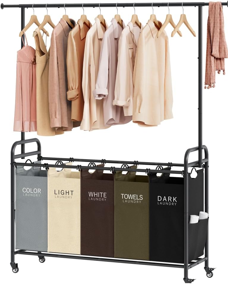 Laundry Cart with Hanging Rack, 65 Gal. Large Laundry Hamper, Beige | Rolling Laundry Cart with Hanging Bar with Removable Bag and Lockable Wheels, Separator Hamper Cart for Bedroom, Bathroom