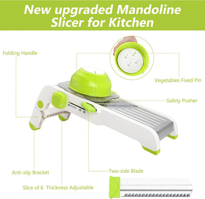 Mandoline Slicer for Kitchen, Adjustable Vegetable Potato Slicer | Stainless Steel Safe Mandolin Veggie Fruit Cutter with Food Holder, for Onion Cucumber Tomato Carrot, Grey