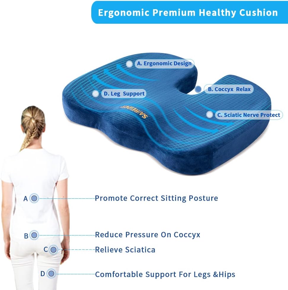 SAIREIDER Office Chair Cushion, Car Seat Cushion, Memory Foam Coccyx Cushion Pads for Tailbone Pain, Sciatica Relief Pillow, Correct Sitting Posture (Black)