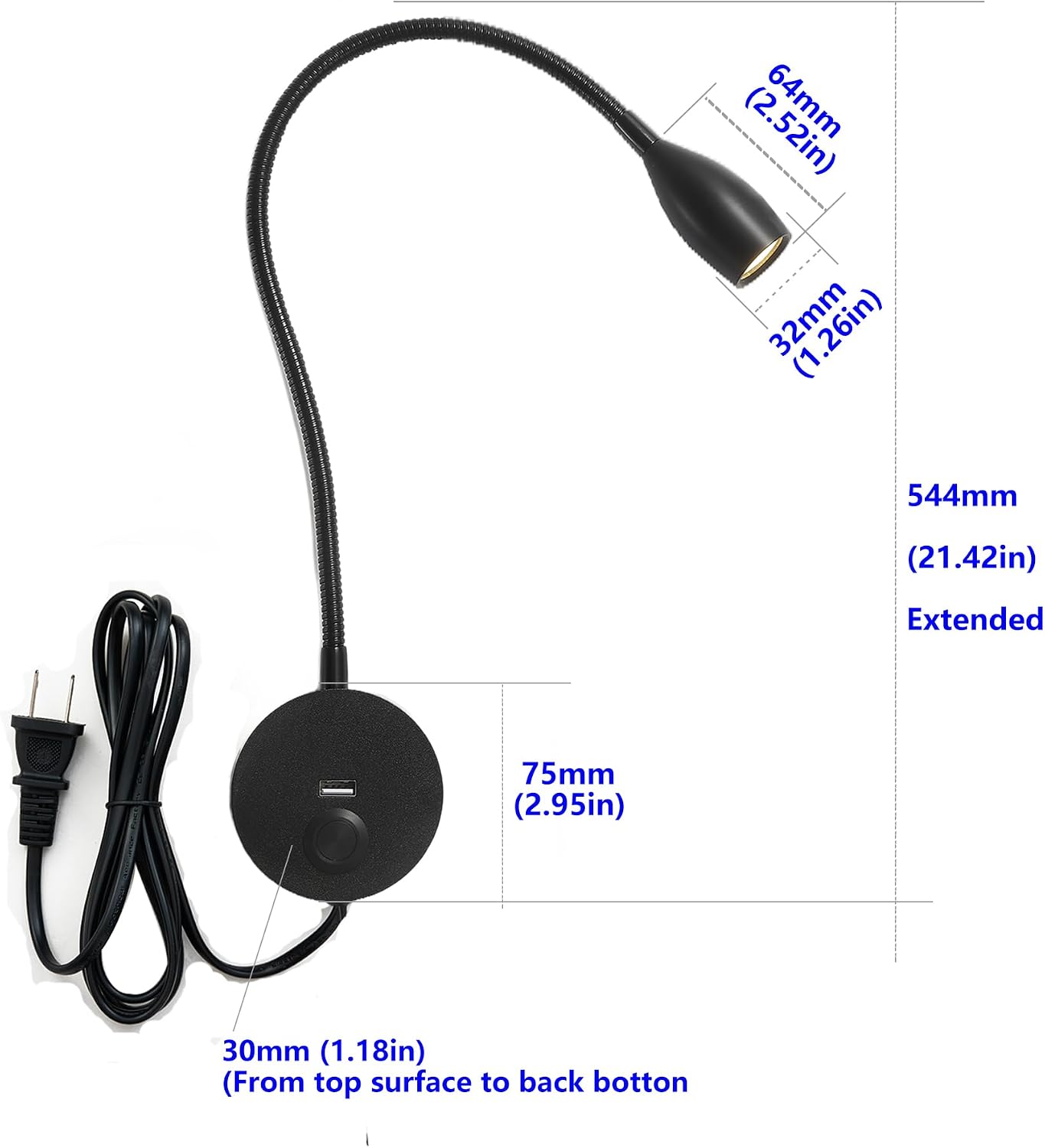 LED Wall Reading Light with USB Charging Port, Touch Dimmable Switch Gooseneck Bedside Lamp, Flexible Arm, 3W (Black, 120V Plug in, Warm White)