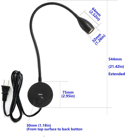 LED Wall Reading Light with USB Charging Port, Touch Dimmable Switch Gooseneck Bedside Lamp, Flexible Arm, 3W (Black, 120V Plug in, Warm White)