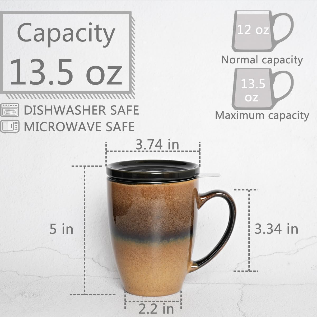 Bosmarlin Ceramic Tea Cup with Infuser and Lid, 13.5 Oz, Loose Leaf Tea Steeper Mug with Strainer, Microwave and Dishwasher Safe, Reactive Glaze (13.5 Oz, Pale Green)