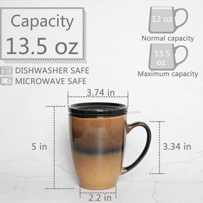 Bosmarlin Ceramic Tea Cup with Infuser and Lid, 13.5 Oz, Loose Leaf Tea Steeper Mug with Strainer, Microwave and Dishwasher Safe, Reactive Glaze (13.5 Oz, Pale Green)
