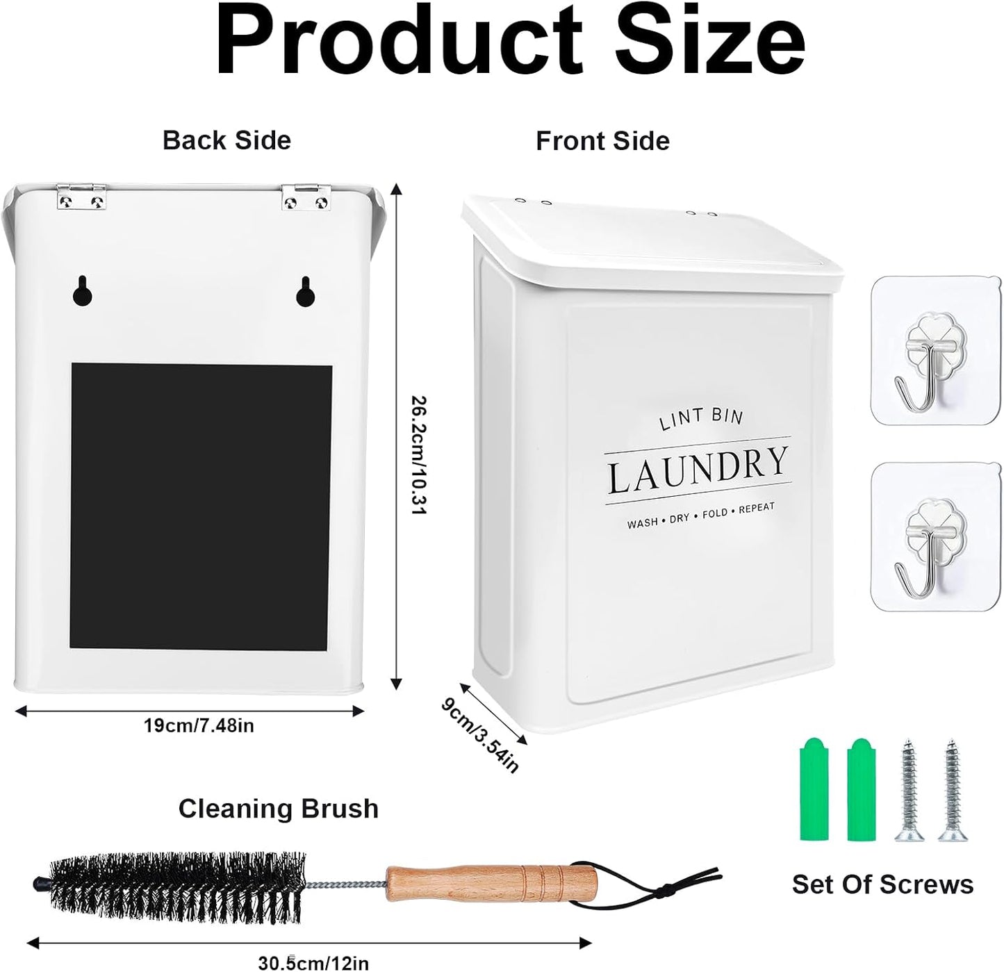 Magnetic Lint Bin with Lint Brush for Laundry Room Decor Farmhouse Rustic Metal Wall Mounted Lint Box Holder Keeper Organization Lint Trash Can with lid for Dryer