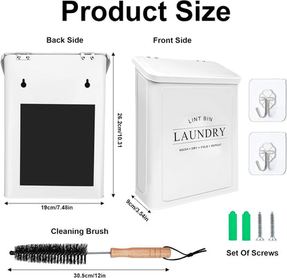 Magnetic Lint Bin with Lint Brush for Laundry Room Decor Farmhouse Rustic Metal Wall Mounted Lint Box Holder Keeper Organization Lint Trash Can with lid for Dryer