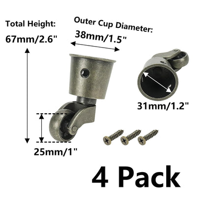 Semetall 4PCS Swivel Caster Wheels Square Cup Furniture Castors (Bronze) | 150kg Load Capacity, with Screws for Piano Feet, Sofa, Table, 1.02 Inch (26mm) Wheels