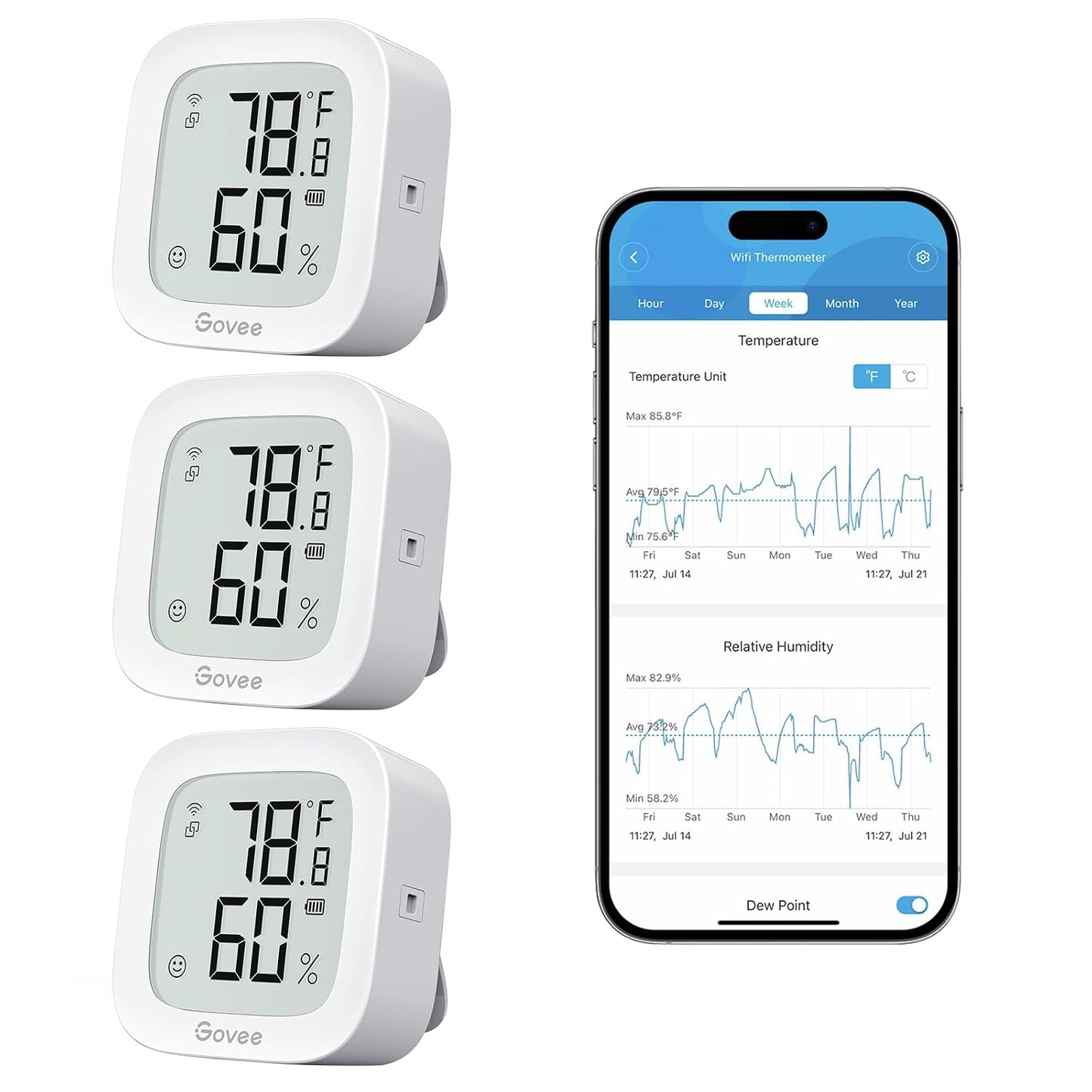 Govee WiFi Thermometer Hygrometer H5103 with Electronic Ink Display | Temp and humidity monitor with alert, 2.4G WiFi & Bluetooth, 2-yr data export. For bedroom, wine cellar, basement