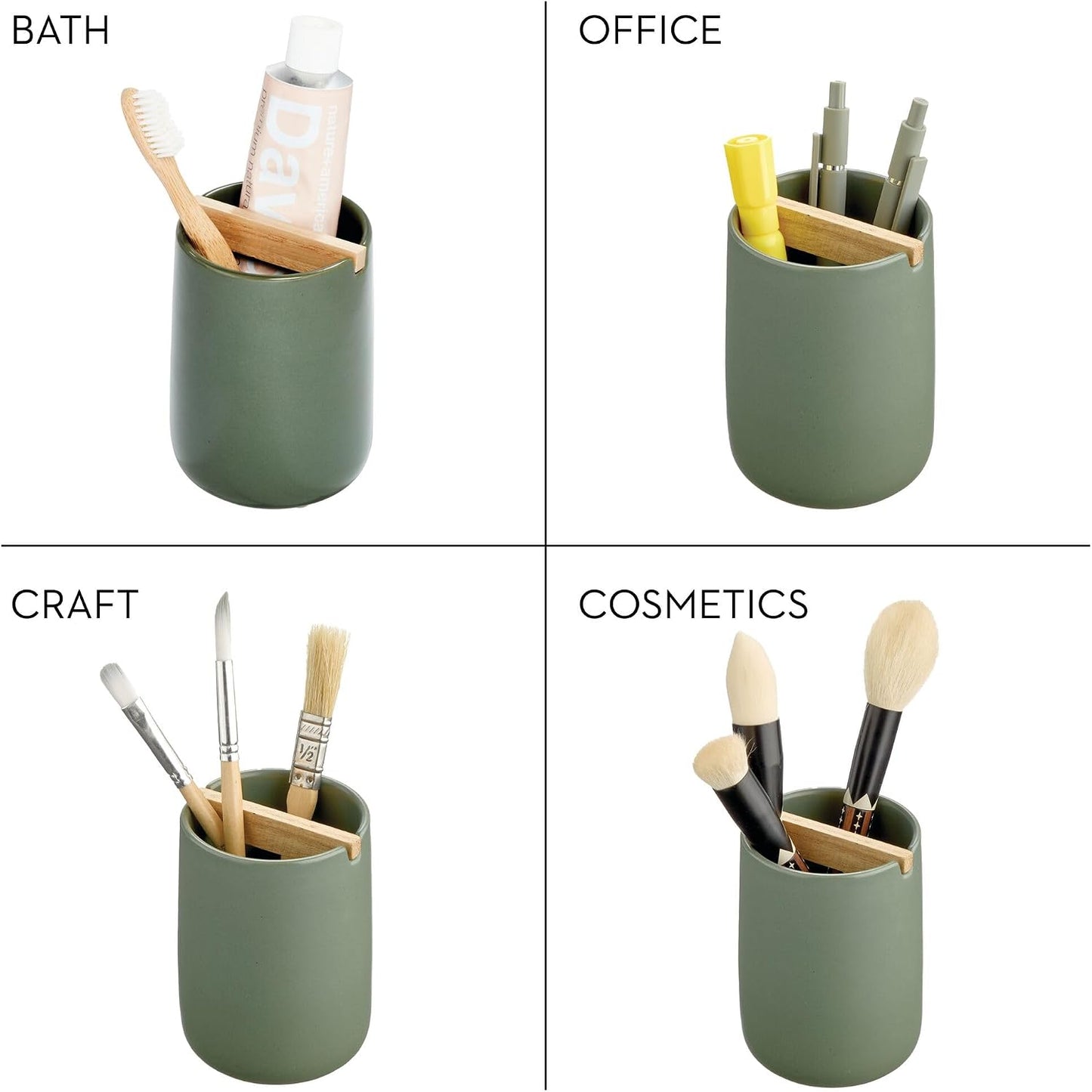 iDesign Ceramic Earth Collection Toothbrush Holder, Moss/Natural Wood | Paulownia Wood Divider