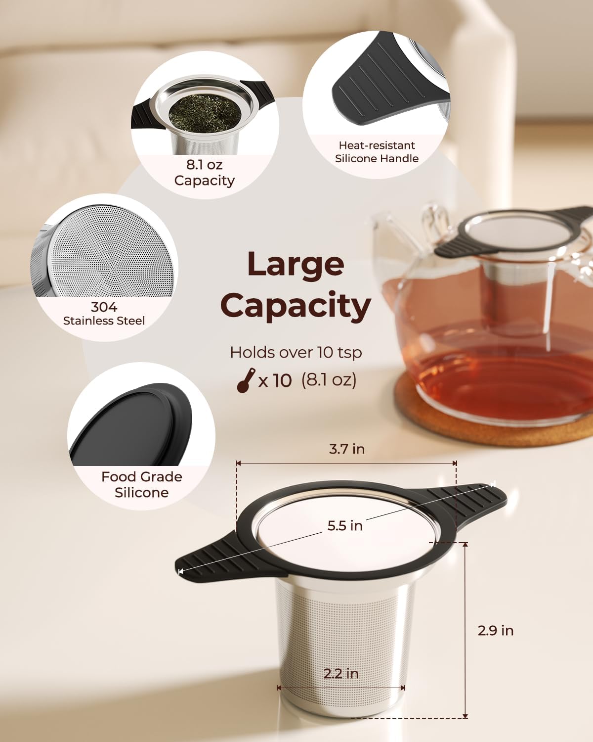 304 Stainless Steel Tea Infuser for Loose Leaf Tea Steeper | Extra Fine Mesh Large Tea Strainers & Filters with Food Grade Silicone, Tea Diffusers for Loose Tea, Cup, Mug, Teapot