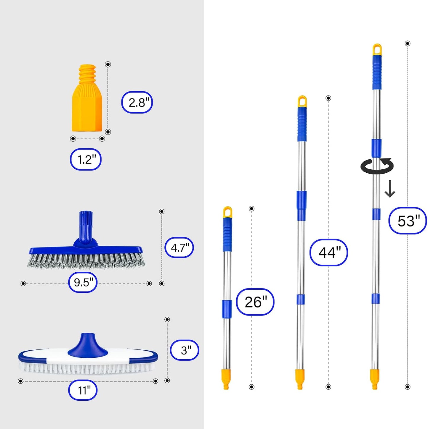 Grout & Scrub Brush Combo, Floor Scrubber with Long Handle, Multi-Purpose Stiff Bristles Cleaning Brush Set for Tile, Grout, Deck, Kitchen, Shower Floor (2 Pcs)