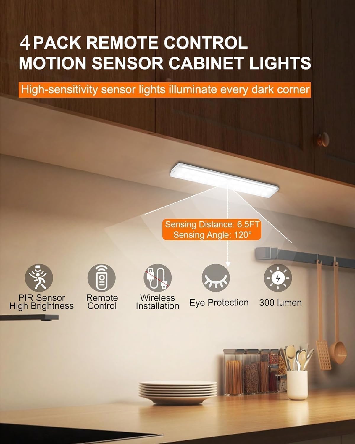 Diomart Motion Sensor Under Cabinet Lighting, RGB Rechargeable, 4 Pack | 58 LEDs,15 RGB colors. Remote & motion sensor dual control. Dimming, Auto-off timer