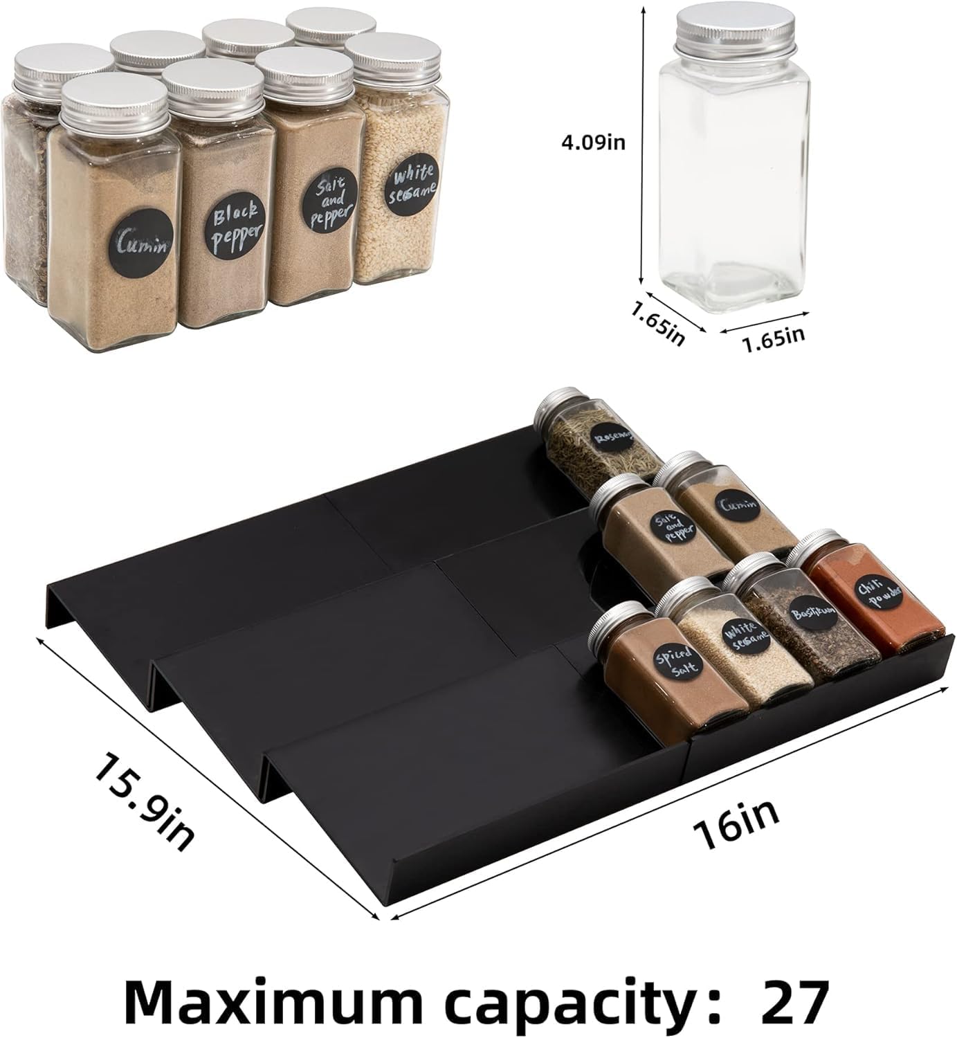 6PCS Expandable Spice Drawer Organizer Insert, Adjustable Tiered Countertop Tray for Spice Jars - Fits Kitchen Drawers (6, Black)
