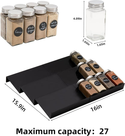 6PCS Expandable Spice Drawer Organizer Insert, Adjustable Tiered Countertop Tray for Spice Jars - Fits Kitchen Drawers (6, Black)