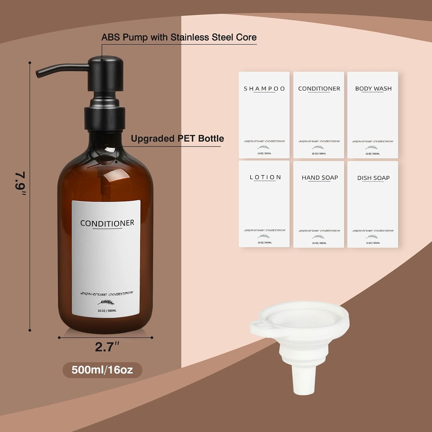Supforce Shampoo Dispenser for Shower, No Drill Dispenser with Pump & Label | Shampoo and Conditioner Dispenser Wall Mount Set of 3, Pet Bottle Shower Soap Dispenser for Home Bathroom, Amber