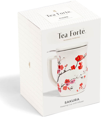Tea Forte Ceramic Fiore Tea Cup with Infuser, Blue Agave, 14 oz | Insulated Ceramic - Stainless Steel Loose Leaf Infuser - Keeps Tea Hot Longer - Lid Included - Microwave & Dishwasher Safe