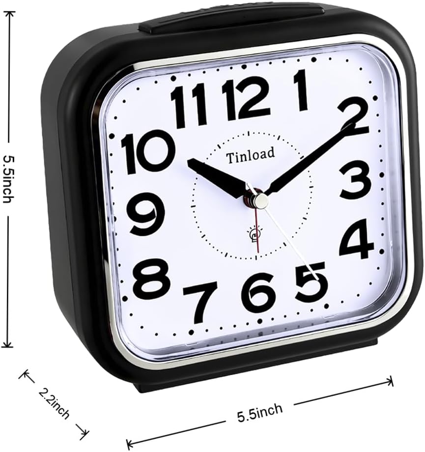 Tinload 5.5" Large No Ticking Analog Alarm Clock,Silent Readable for Seniors,Easy to Set,Gradual Rise Alarm,Big Numbers,Gentle Wake,Snooze, Lighted on Demand,Battery Operated,Black