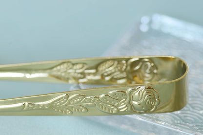 HINMAY 6PCS Mini Serving Tongs 5" Small Rose Appetizer Tongs (Gold) | Tiny Metal Tong for Tea Party, Coffee Bar, Desserts