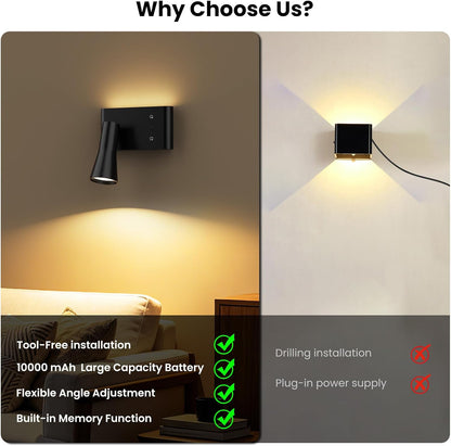 Koopala Battery Operated Wall Sconce, 10000mAh Dual Head Reading Light | LED Wall Lights with 3 Color Temperatures Dimmable, Remote &Touch, Wireless Sconces for Bedroom Living Room Hallway