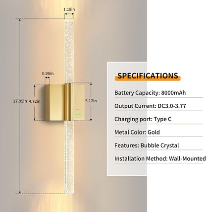 Battery Operated Sconces Set of 2, 28in Rechargeable Wireless Wall Lights