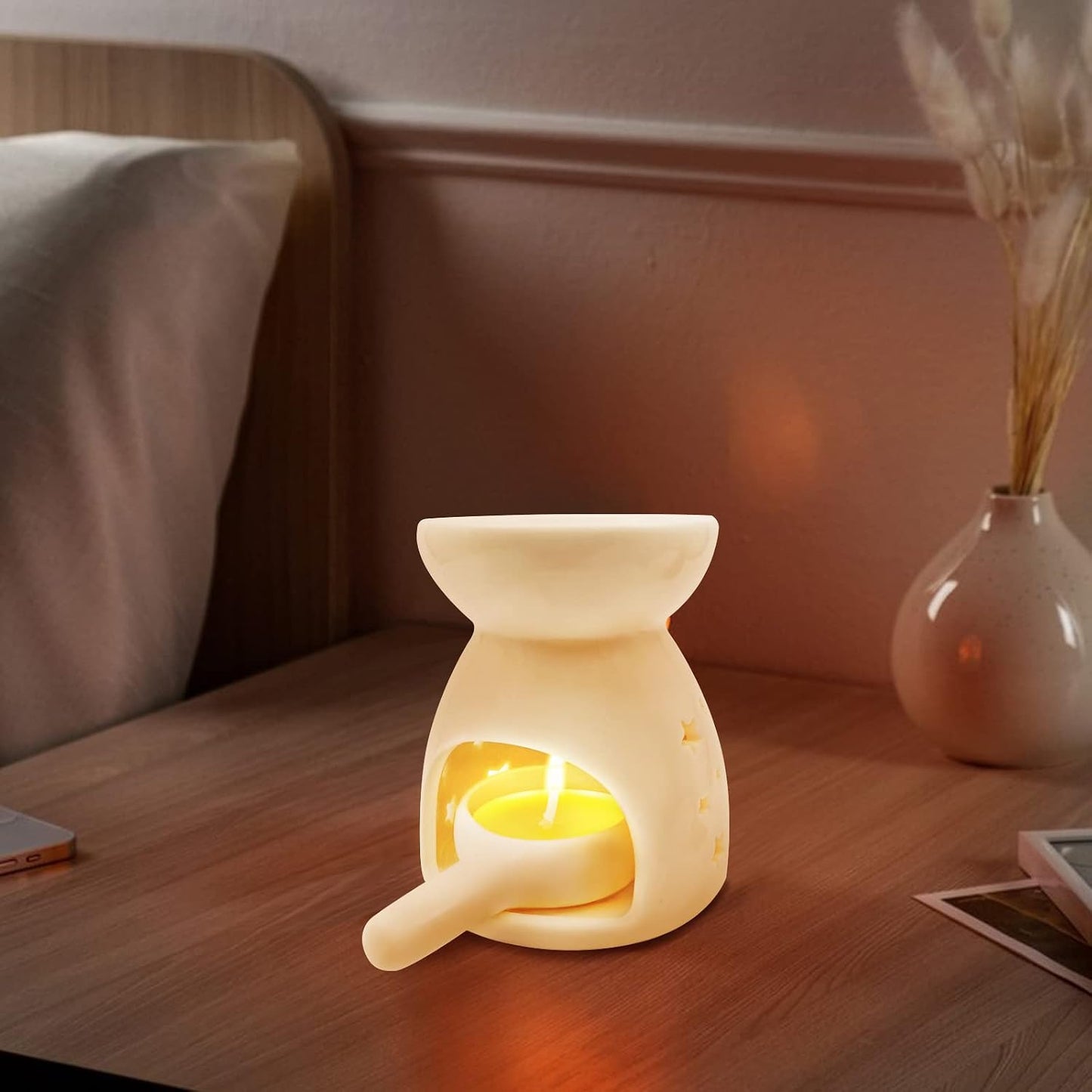 Ceramic Tea Light Candle Holder, Oil Burner for Scented Oil, Tealight Wax Warmer Decoration for Bedroom,Living Room,Balcony,Patio Tabletop Star Birthday Wedding Gift