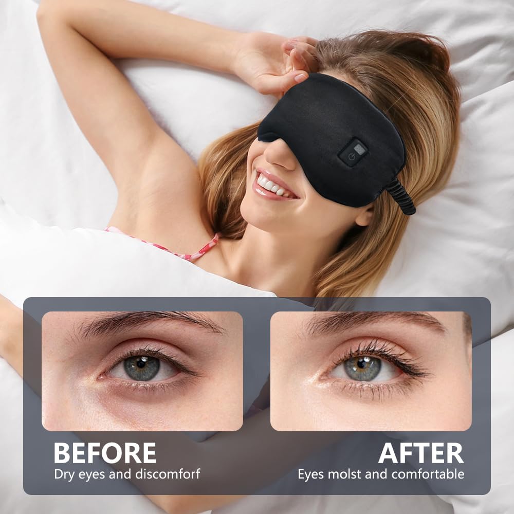 Rechargeable Heated Eye Mask for Sleeping - Soft 100% Mulberry Silk Sleep Mask for Women & Men, Portable Electric Heat Therapy for Dry Eyes, Headache, Puffy Eyes (Charcoal Black)