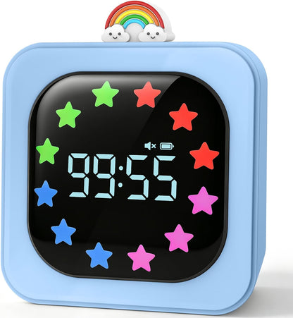 Digital Visual Timer for Kids with 12-Star Rainbow Display & 9 Color Modes | 99-Minute Count-Up & Countdown Timer with Silent Mode & Pause for Classroom, Home, Kitchen, Rechargeable, White