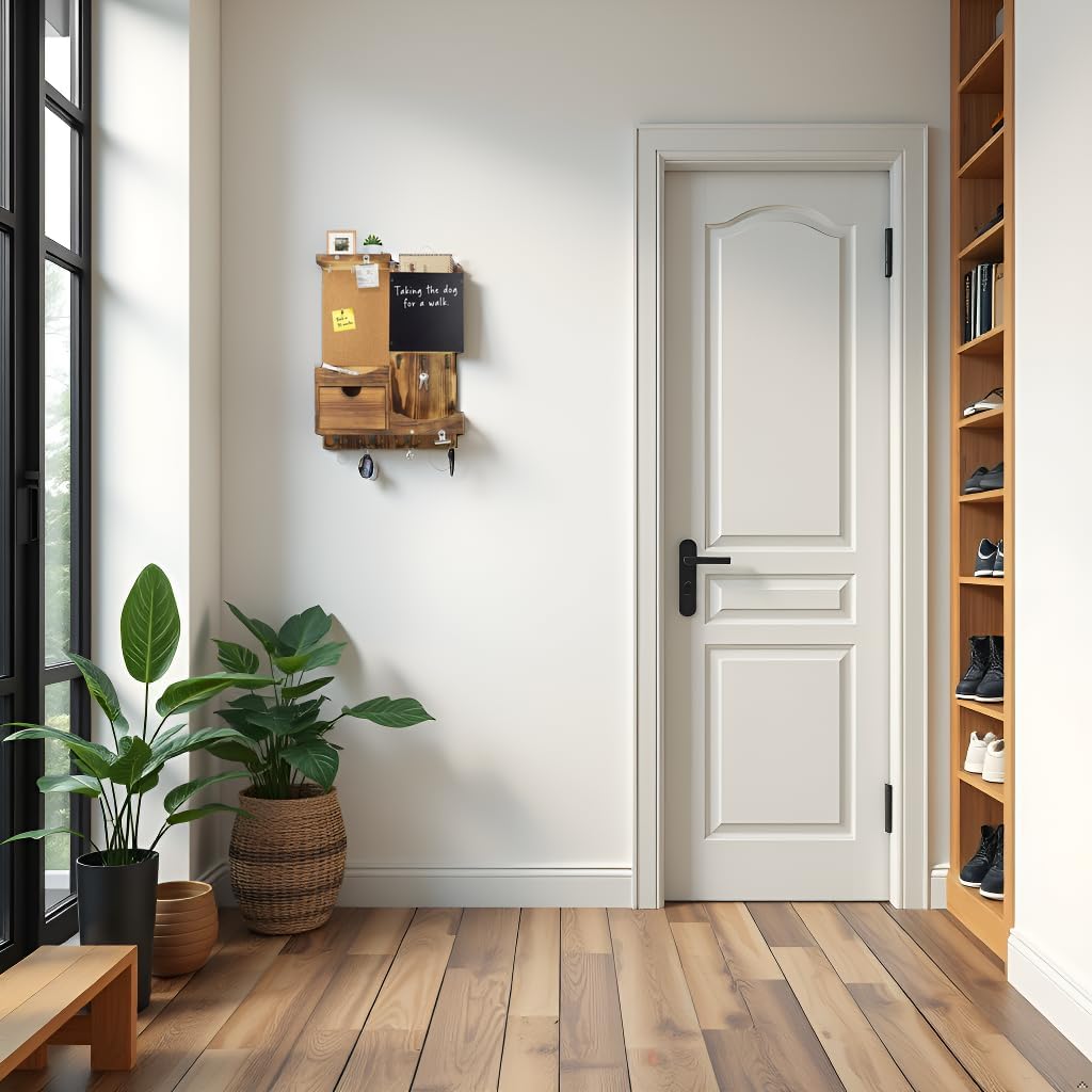 Key Holder for Wall Mount with Shelf and Mail Organizer, Key and Mail Holder with 16 Hooks, Farmhouse Entryway Organizer, Home Decor Rack (Pine Wood, White Washed)