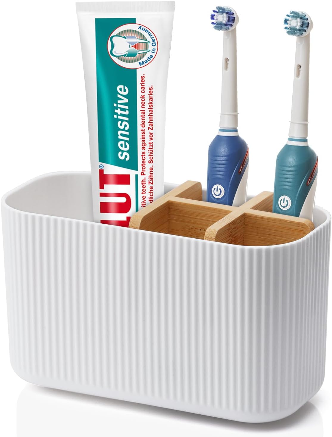 GFWARE Toothbrush Holders for Bathrooms - Bamboo Divider Toothbrush and Toothpaste Holder with Drainage, Kids Electric Toothbrush Organizer for Bathroom Countertop, White Tooth Brush Holder | 5 Slots Toothbrush and Toothpaste Holder with Bamboo Divider,