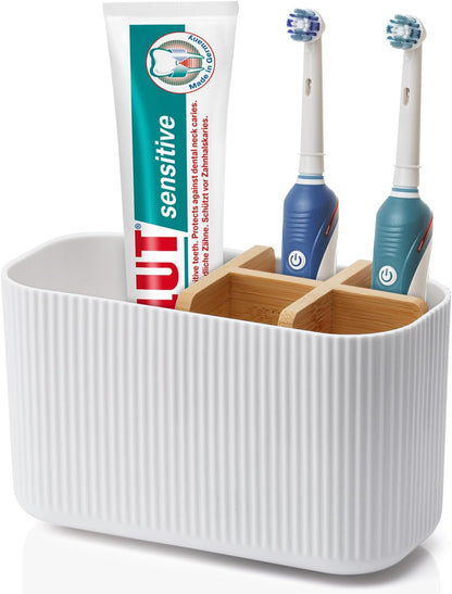 GFWARE Toothbrush Holders for Bathrooms - Bamboo Divider Toothbrush and Toothpaste Holder with Drainage, Kids Electric Toothbrush Organizer for Bathroom Countertop, White Tooth Brush Holder | 5 Slots Toothbrush and Toothpaste Holder with Bamboo Divider,