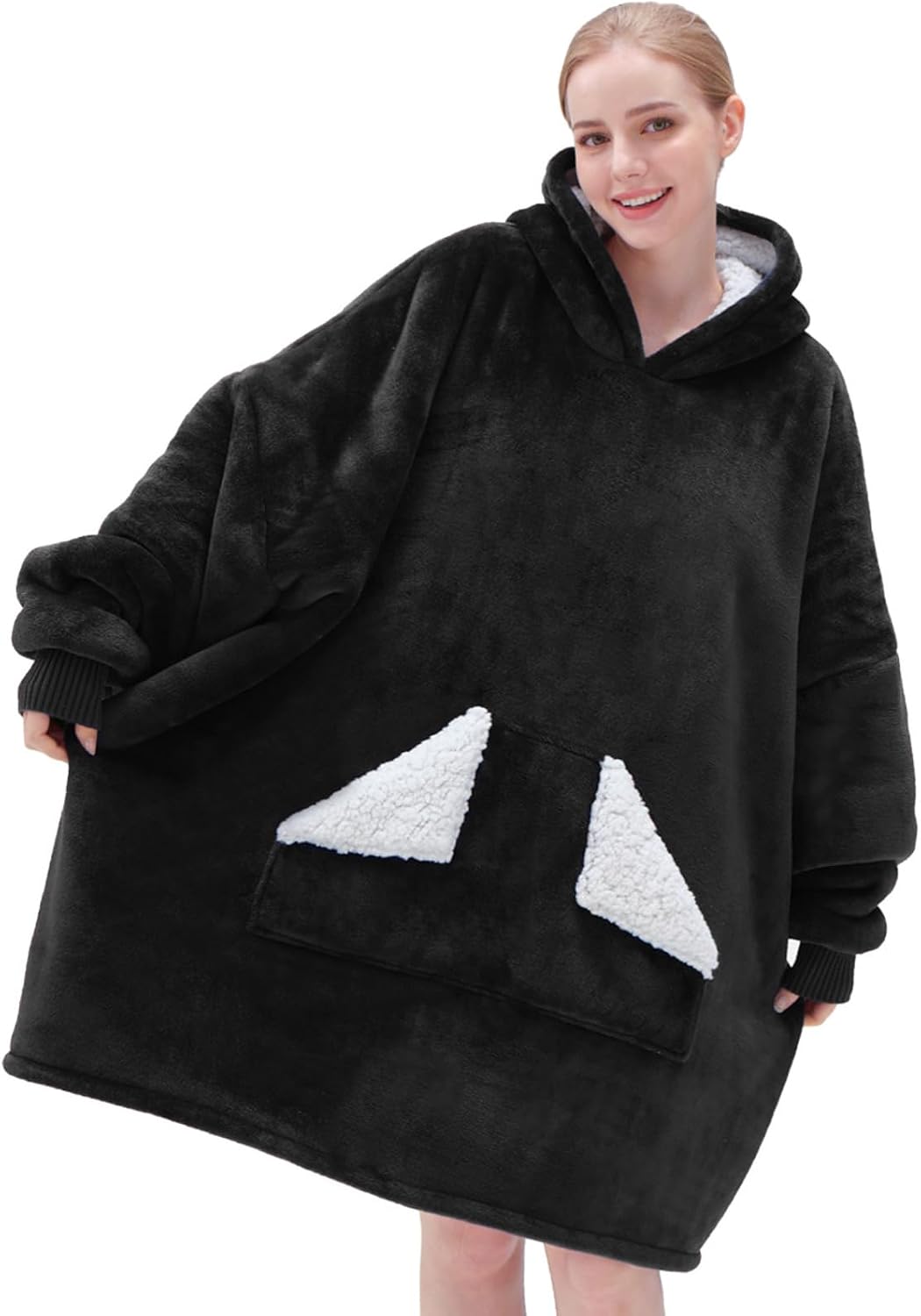 Touchat Wearable Blanket Hoodie, Oversized Sherpa Fleece Sweatshirt Blanket with Giant Hood Pocket and Sleeves for Adult, Warm & Cozy Grey Blanket Gifts for Women
