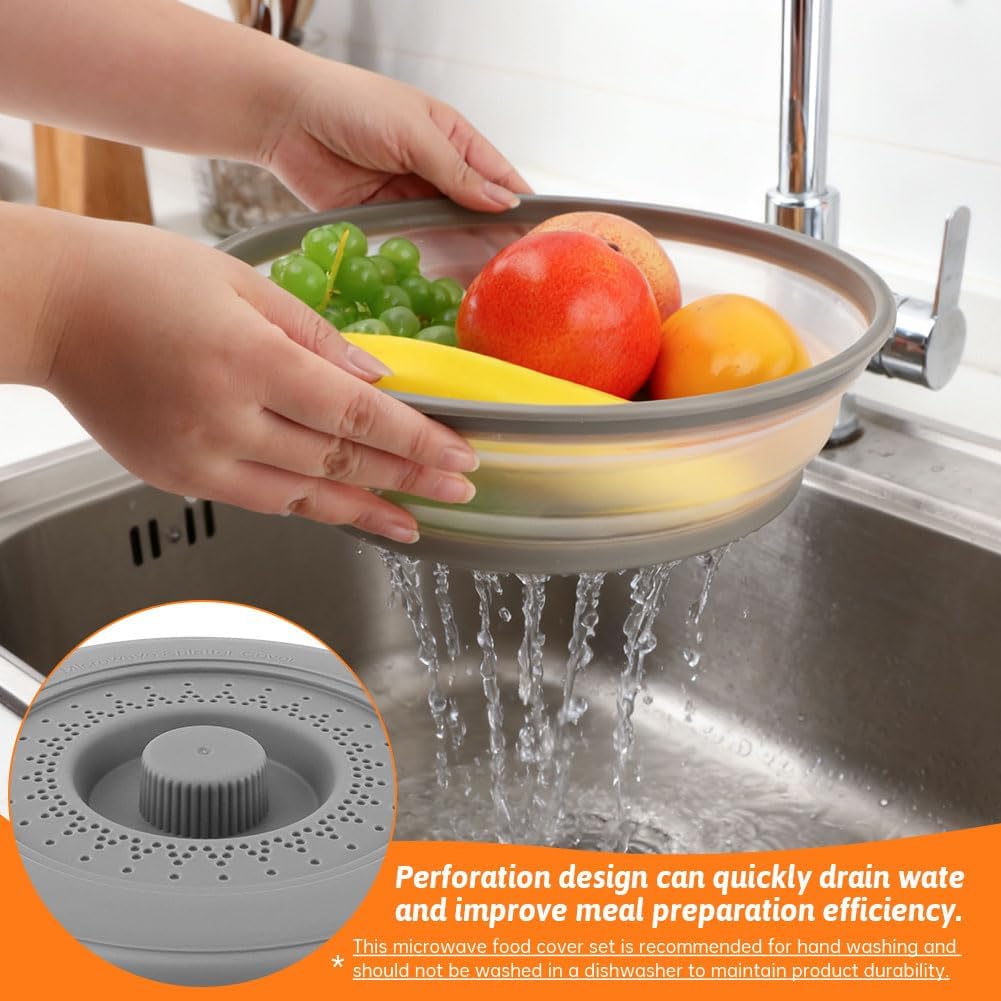 Collapsible Microwave Splatter Cover for Food with Base Mat,Silicone Microwave Plate Cover,Vented Silicone Splatter Guard Lid Vegetable Fruit Colander for Even Heatin(27 * 9.5cm,COLOR:Grey)