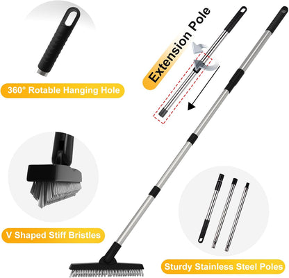 2 Pack Grout Brush with Long Handle, 56.5'' Swivel Grout Cleaning Brush,V-Shape Grout Scrub Brush, Extendable Handle Grout Cleaner Brush for Tile Floors，Bathroom,Baseboard,Shower,Corner