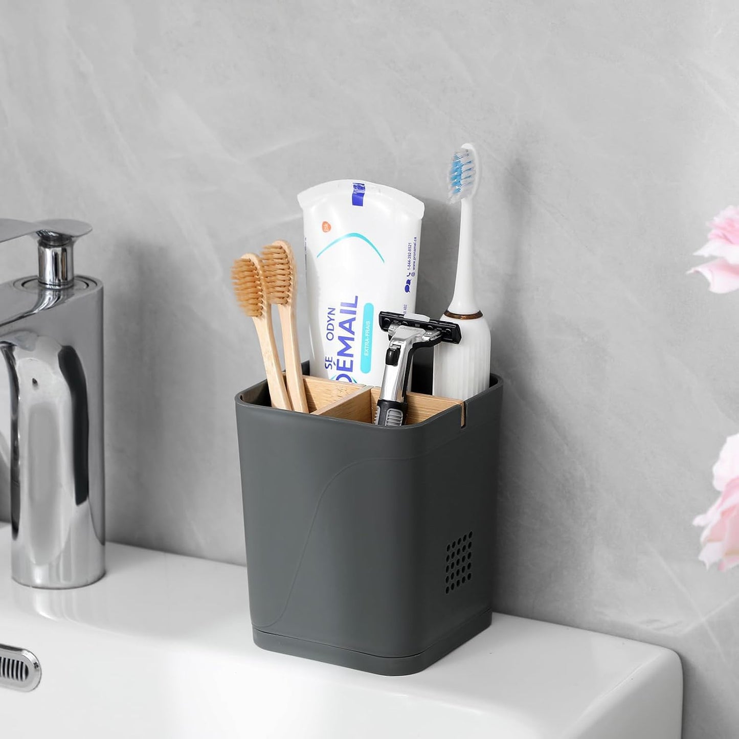 Electric Toothbrush Holder Tooth Brush and Toothpaste Organizer, Black | 3 Slots, Drainage Holes, Removable Bamboo Divider, Ventilation Design, Space-Saving, for Bathroom Countertop, Shower, Vanity