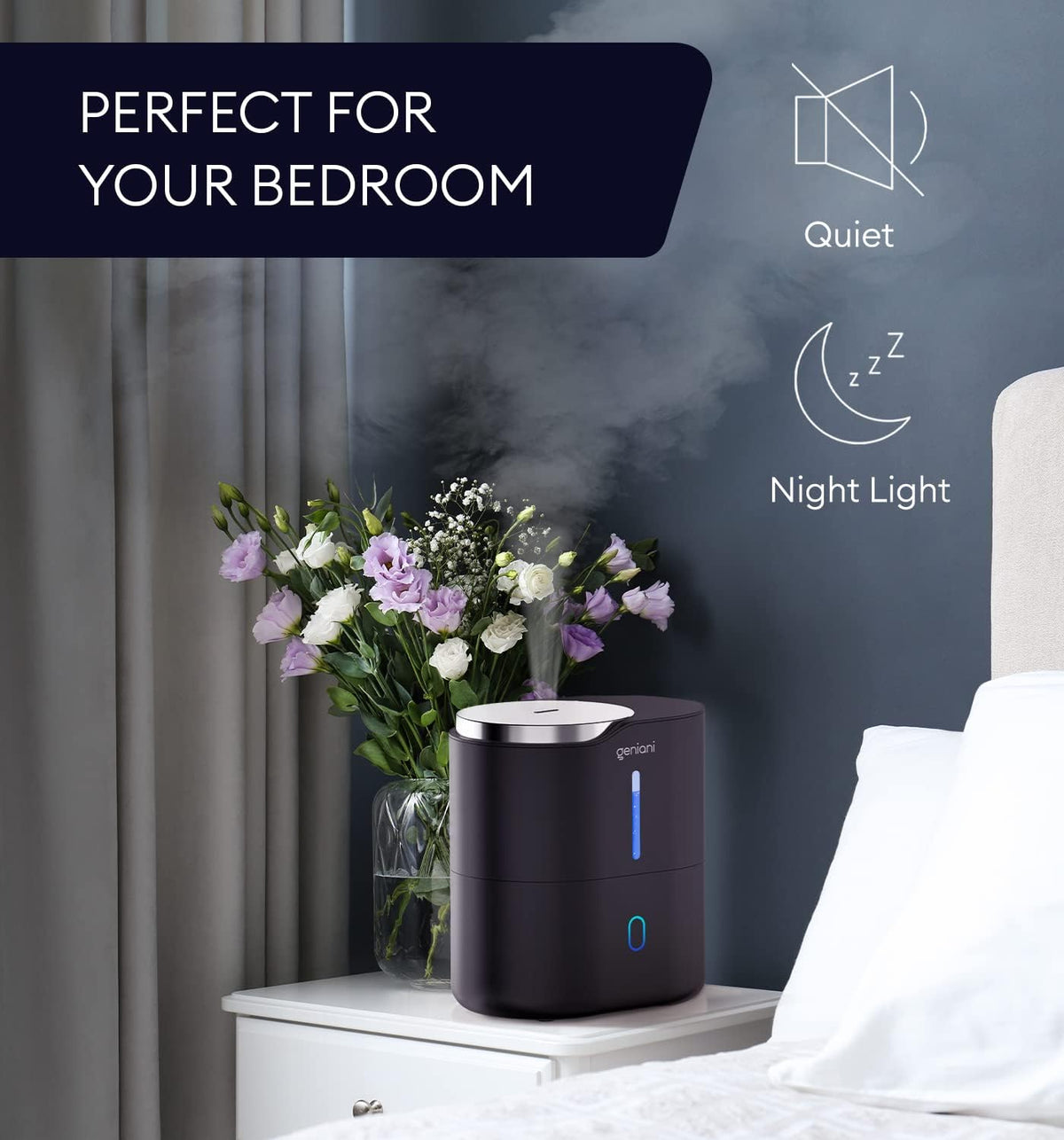 GENIANI Cool Mist Air Humidifiers for Bedroom, Plants, and Large Rooms - Quiet Humidifiers for Baby Room with Auto Shut Off & Night Light (3.9L, White)