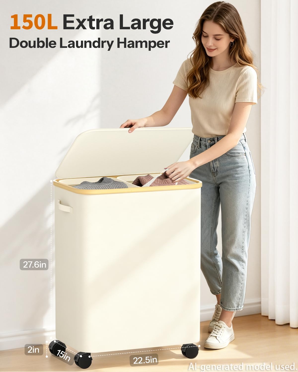 Double Laundry Basket with Wheels and Lid, 150L Clothes Hampers for Laundry | Large Laundry Hamper with 2 Sections & Removable Liner Bags, Rolling Dirty Clothes Basket for Bedroom Bathroom Dorm College