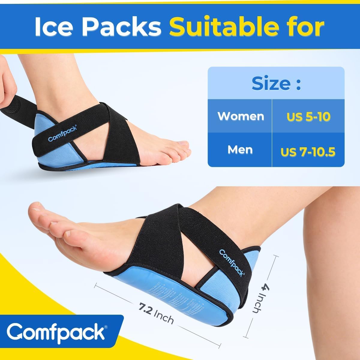 Comfpack Plantar Fasciitis Relief Ice Packs, 2PCS Heel Ice Pack Warp | Heel & Sole Gel Coverage, Adjustable Reusable Hot Cold Therapy Foot Ice Pack Wrap for Heel Spurs, Achilles Tendonitis