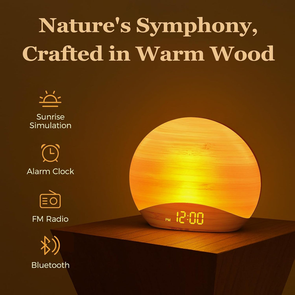 REACHER Wood Grain Sunrise Alarm Clock, Bluetooth Speaker, FM Radio & Light