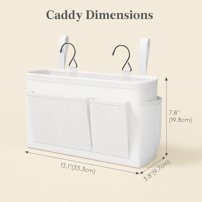 Lifewit Bedside Caddy Storage Organizer, Hanging Storage Bag with Fixed Straps, Book Remotes Holder for Home, College, Dorm, Bunk, Hospital, Crib Bed Rails, White