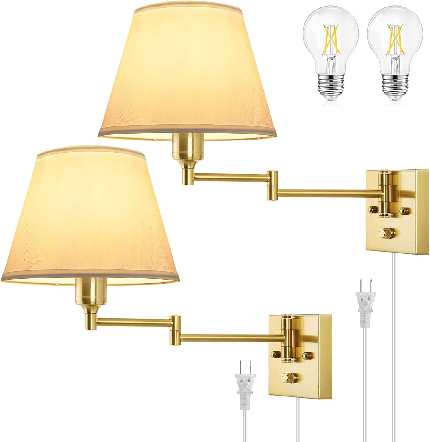 TRLIFE Wall Sconce Plug in, Dimmable Wall Sconces Set of Two Swing Arm Wall Lights with Plug in Cord and On/Off Dimmer Rotary Switch, 9.4" Medium Beige Fabric Shade(2 Pack, 2 Bulbs)