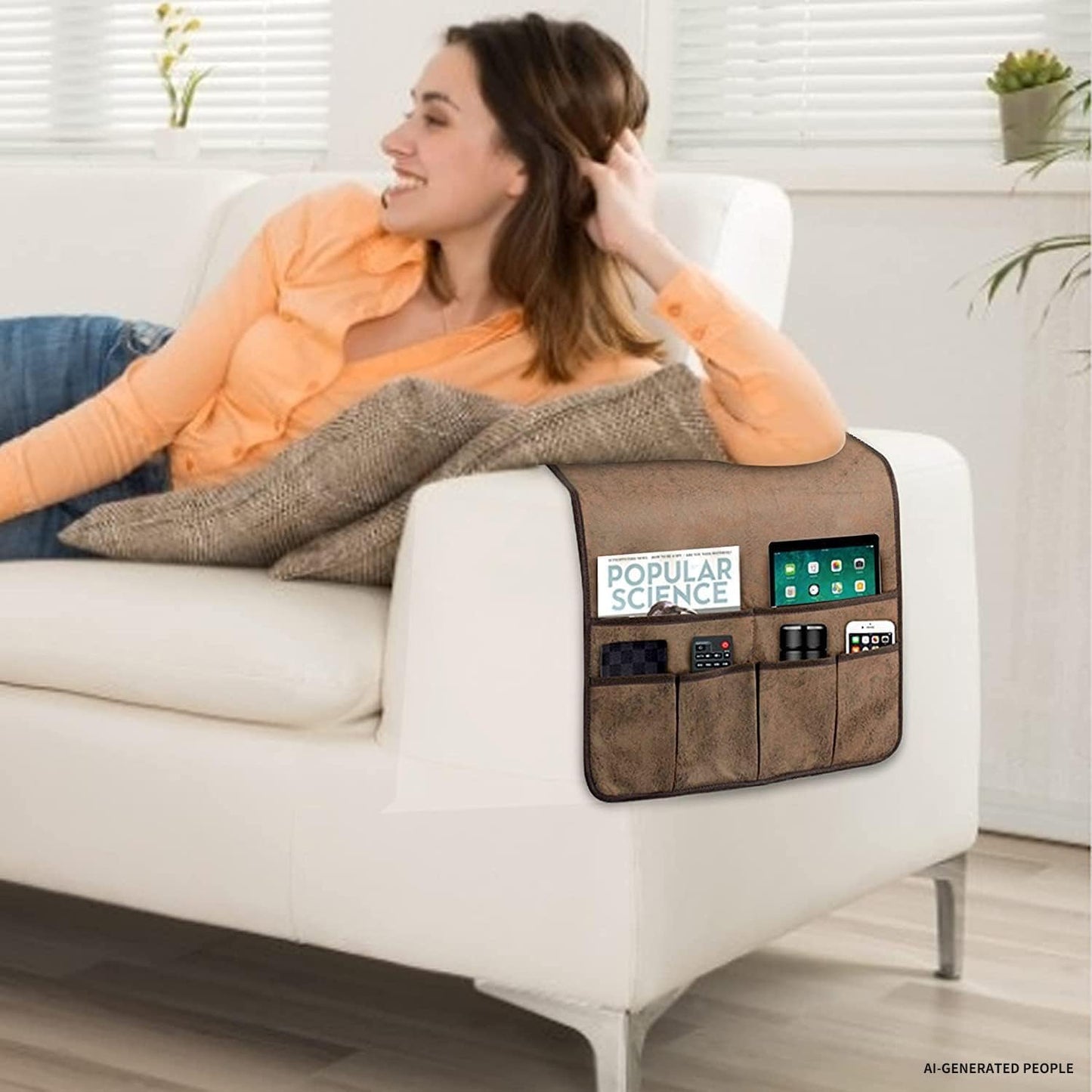HAOMAIJIA Sofa Armrest Organizer, Remote Control Holder for Recliner Couch | Anti Slip Arm Chair Bedside Caddy Storage Organizer With 6 Pockets For Cell Phone Tv Remote Control Magazines (brown)