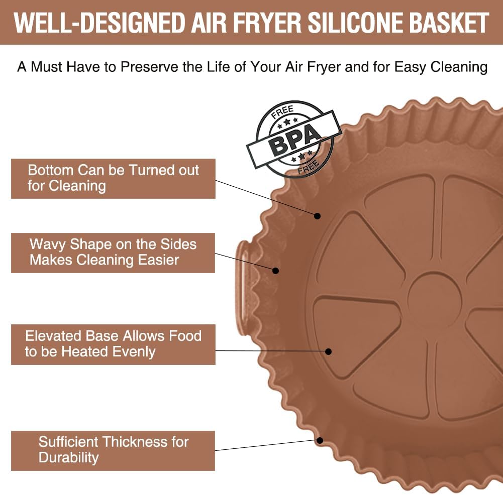 Silicone Air Fryer Liner 2 Pack, Xabzhzn 9 inch Non-Stick Reusable Air Fryer Liners for 5 to 6 7 8 QT Square and Round Basket, Airfryer Silicone Pot Baking Tray Oven Microwave Accessories, Blue+Brown