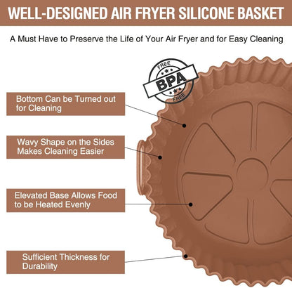 Silicone Air Fryer Liner 2 Pack, Xabzhzn 9 inch Non-Stick Reusable Air Fryer Liners for 5 to 6 7 8 QT Square and Round Basket, Airfryer Silicone Pot Baking Tray Oven Microwave Accessories, Blue+Brown