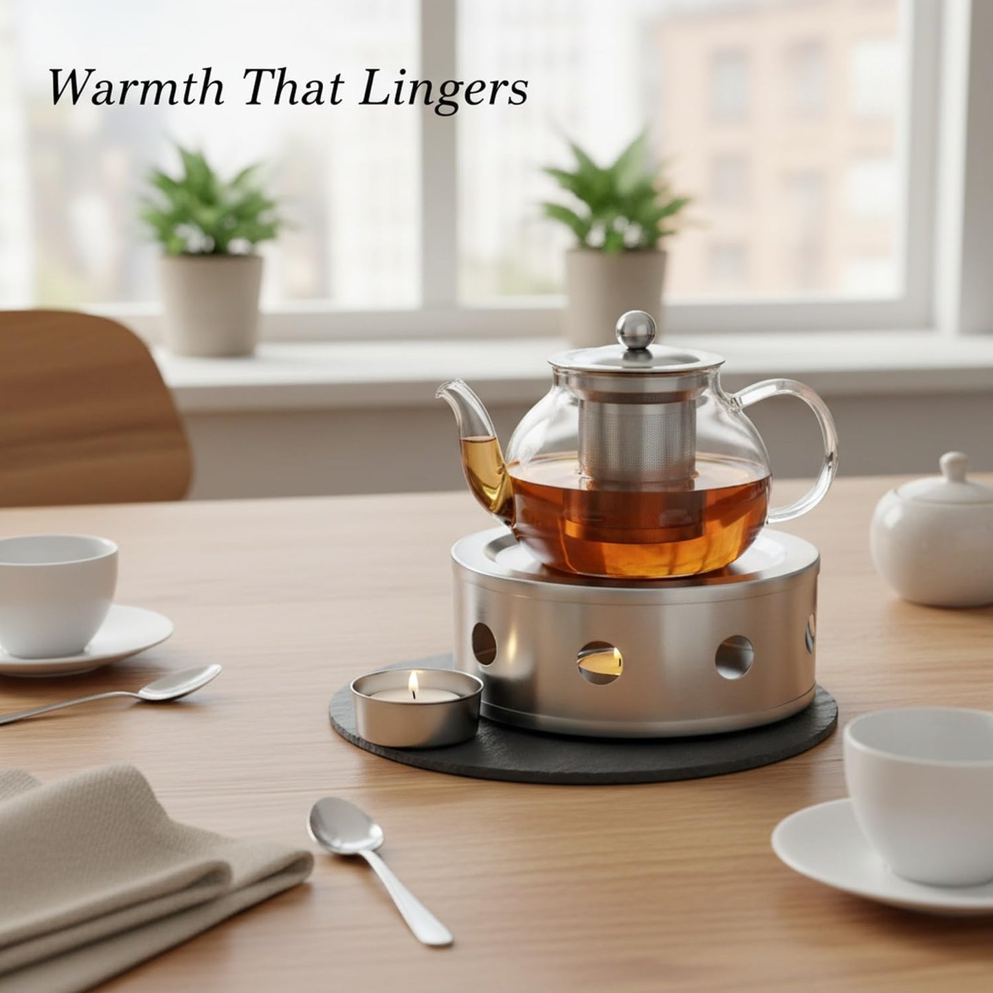Stainless Steel Tea Light Candle Holder Stand for Glass Kettles and Mugs, 5.9x5.9 Inch Base