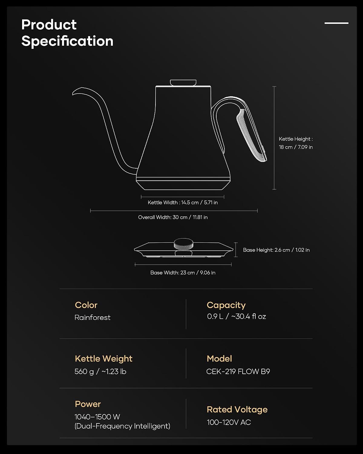 Cocinare Gooseneck Electric Kettle, ±1°F Precise Temperature Control, 1500W Fast Heating, Pour Over Coffee & Tea Kettle with Brew Timer & Keep Warm, Stainless Steel, 0.9L (Matte Black)