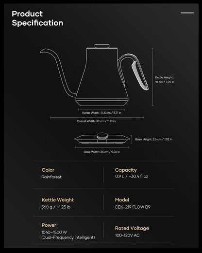 Cocinare Gooseneck Electric Kettle, ±1°F Precise Temperature Control, 1500W Fast Heating, Pour Over Coffee & Tea Kettle with Brew Timer & Keep Warm, Stainless Steel, 0.9L (Matte Black)