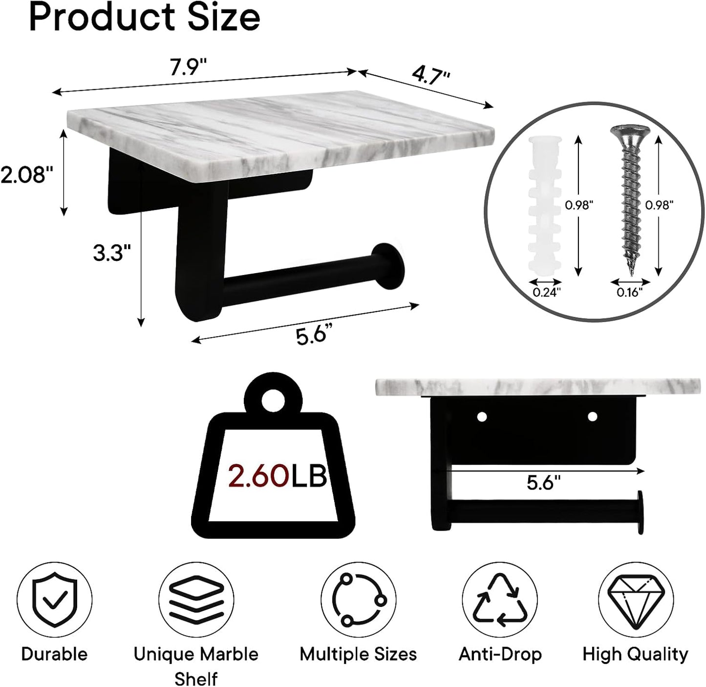 Toilet Paper Holder with Natural Marble Shelf for Bathroom Washroom,Wall Mounted Tissue Holder Suitable for Mega Roll (Brushed Nickel,Small 6.7 * 4.3 in)