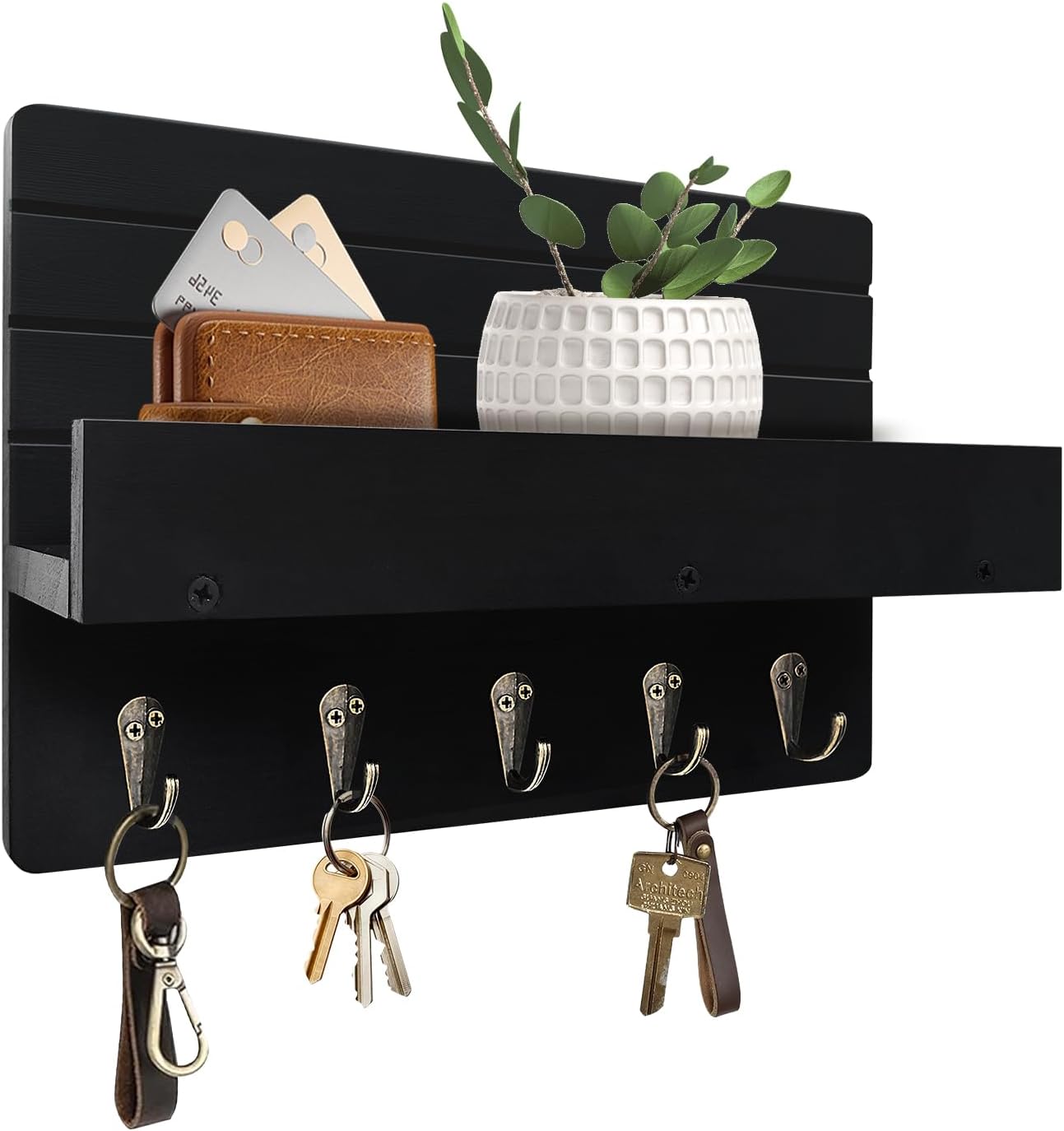 Key Holder Wall Mount, Decorative Key Rack with Shelf & 5 Sturdy Hooks, Rustic Key Hooks for Wall for Mail Organizer Hanging Dog Leash, Glasses, Wooden Key Hanger with Mounting Hardware