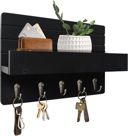 Key Holder Wall Mount, Decorative Key Rack with Shelf & 5 Sturdy Hooks, Rustic Key Hooks for Wall for Mail Organizer Hanging Dog Leash, Glasses, Wooden Key Hanger with Mounting Hardware