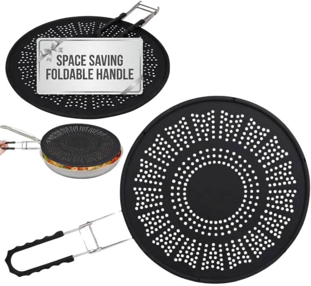 XL 11.5" Silicone Splatter Screen Shield- Multi Use Cover w Foldable Handle | Features Built in Water Strainer, Protect from Oil, Grease with Shield Guard- Fits Most Kitchen Frying Pans, Heat Resistant