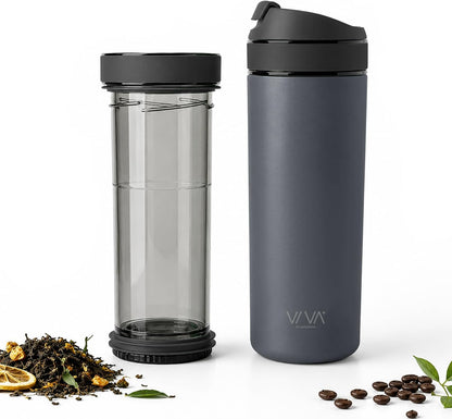 VIVA Recharge Tea Infuser Bottle, 16 oz Insulated Stainless Steel Travel Tea Tumbler with Infuser for Loose Leaf, Hot & Cold Tea & Coffee, Patented Steep Control, Leak-Resistant Lid - Mustard